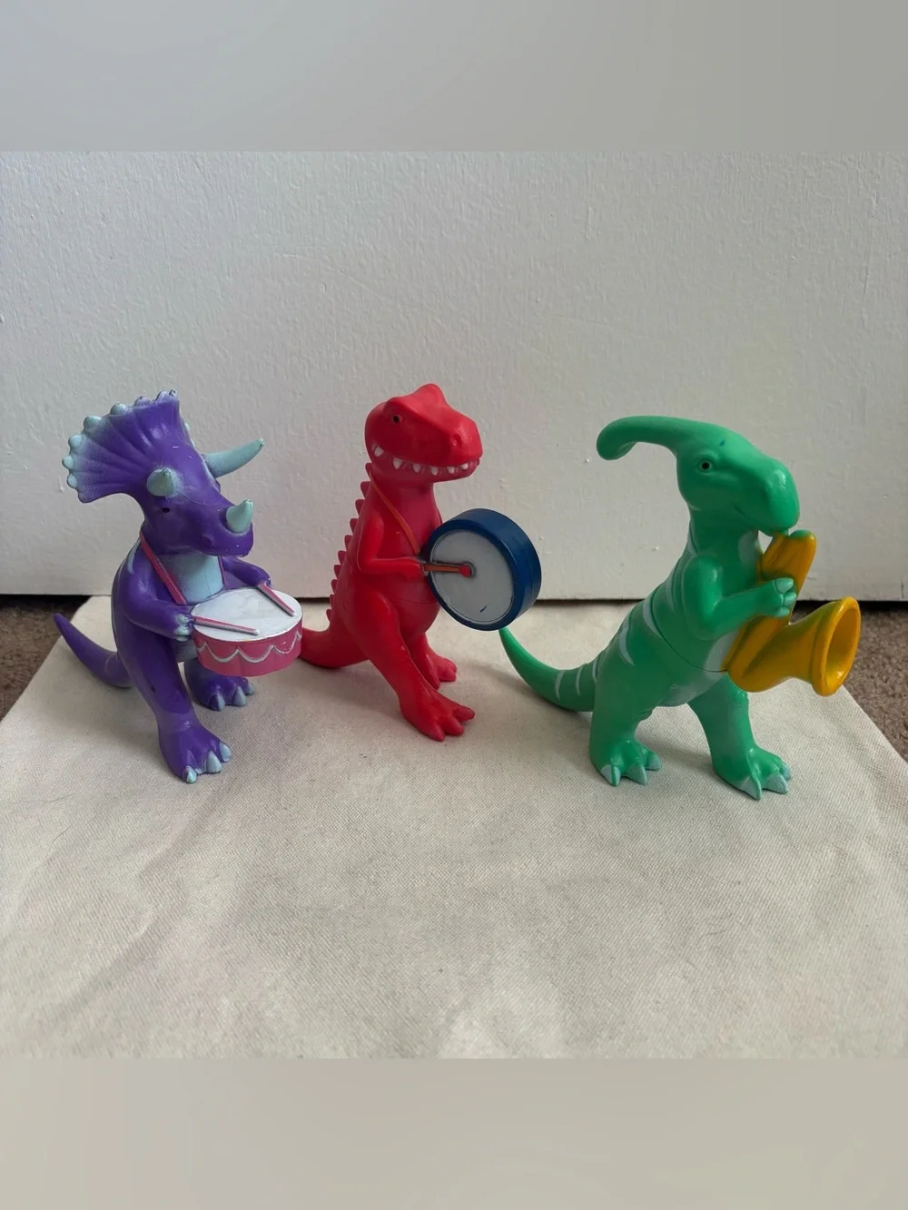 3pc Musical Dinosaur Toy Figures Set w/ Drums & Horn Purple/Red/Green